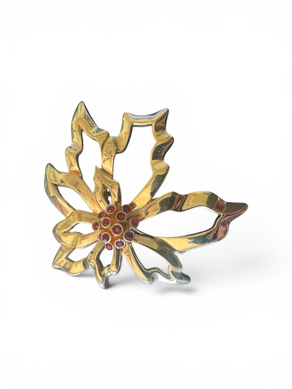 Vintage St. John Gold-Tone Openwork Poinsettia Brooch Pin Red Rhinestone Accents